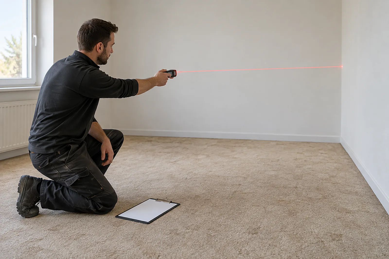 Boden verlegen: Kosten: Bodenleger misst einen leeren Raum mit altem Teppich per Laser aus