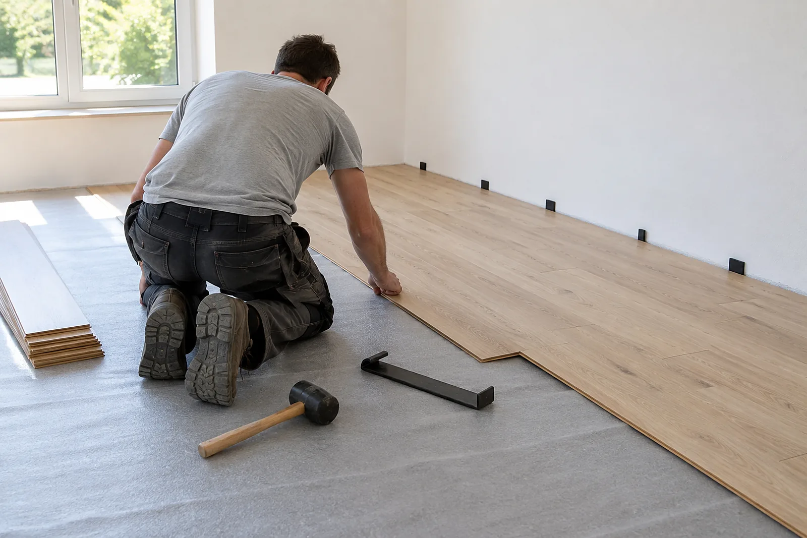 Bodenleger Mettmann: Handwerker verlegt Klick-Laminat in Eichenoptik auf Trittschallunterlage