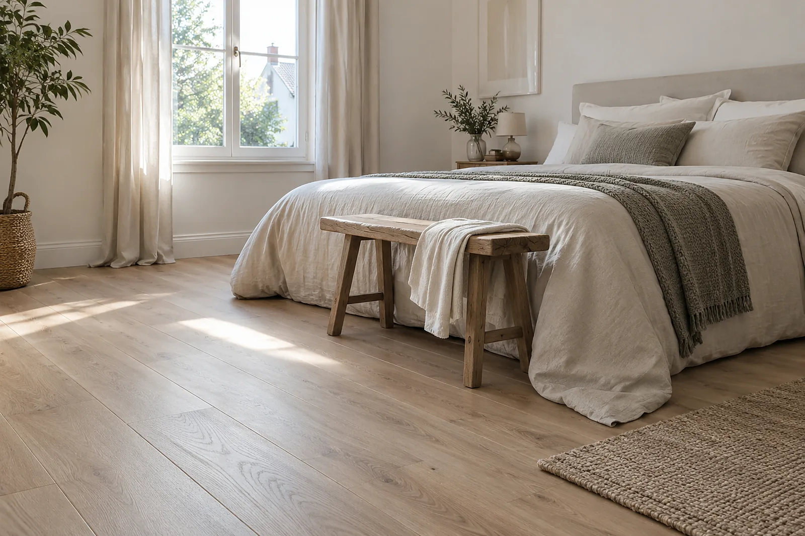 Laminat verlegen in Düsseldorf: Schlafzimmer mit frisch verlegtem Laminat in Landhausdielen-Optik