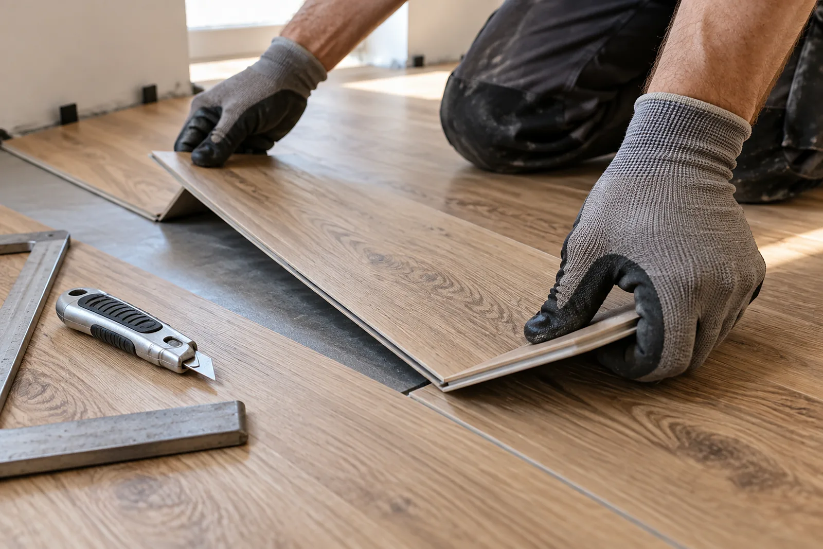 Klick-Vinyl oder Klebevinyl: Klick-Vinyl-Diele in Holzoptik wird in die Nachbardiele eingewinkelt
