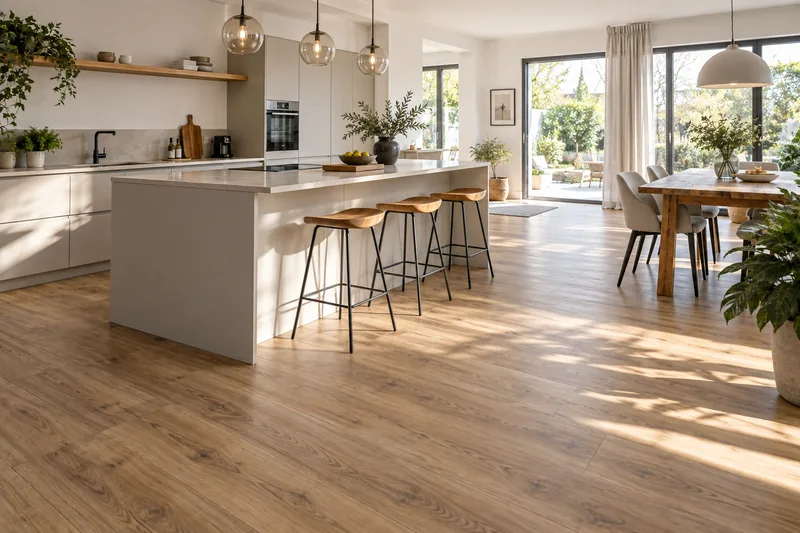 Helle Wohnküche mit Vinylboden in warmer Holzoptik