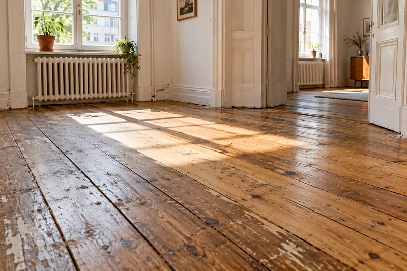 Dielen abschleifen in Düsseldorf: alte Kiefern-Dielen im Altbau mit Fugen, Farbresten und Laufspuren