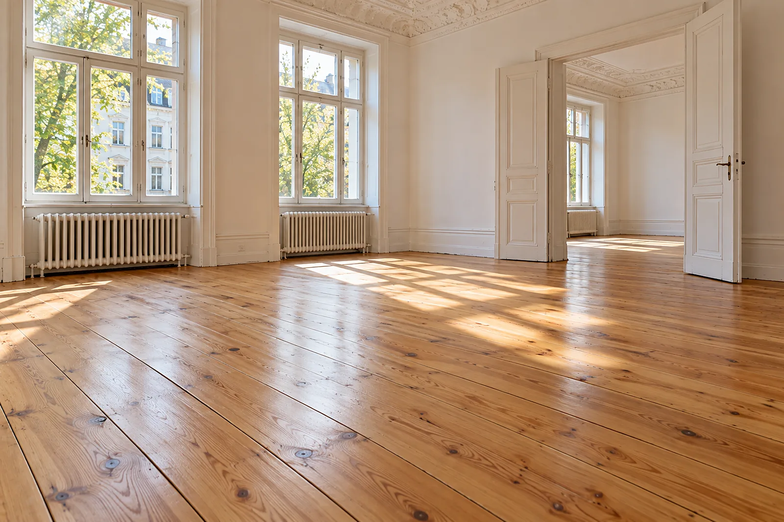 Dielen abschleifen in Düsseldorf: frisch geschliffene und geölte Altbau-Dielen in hellem Honigton