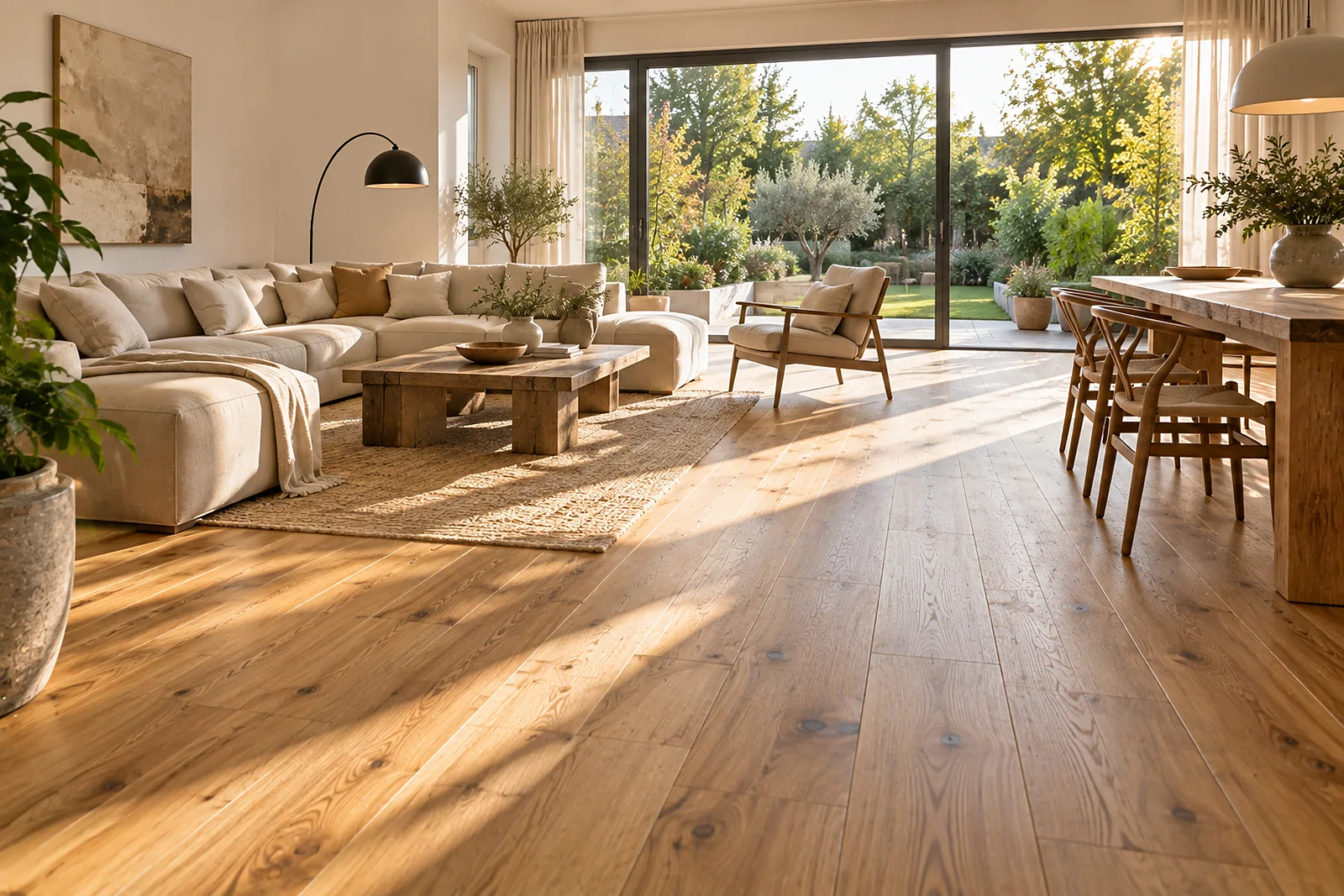Parkett verlegen in Düsseldorf: Wohnraum mit breiten Eichen-Landhausdielen und Fenster zum Garten