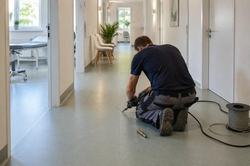 Linoleum und PVC verlegen in Düsseldorf: Praxisflur mit neuem Linoleum, eine Naht wird mit Heißluft verschweißt