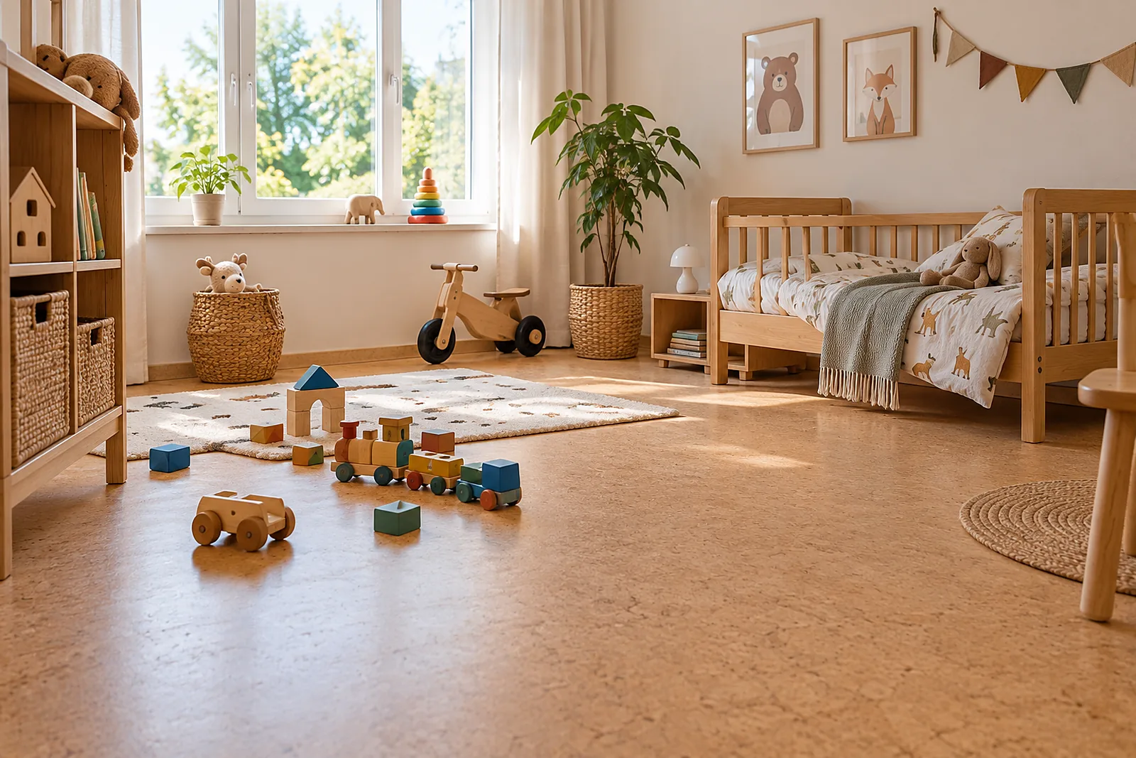 Bodenleger Düsseltal: Kinderzimmer mit hellem Korkboden und Holzspielzeug