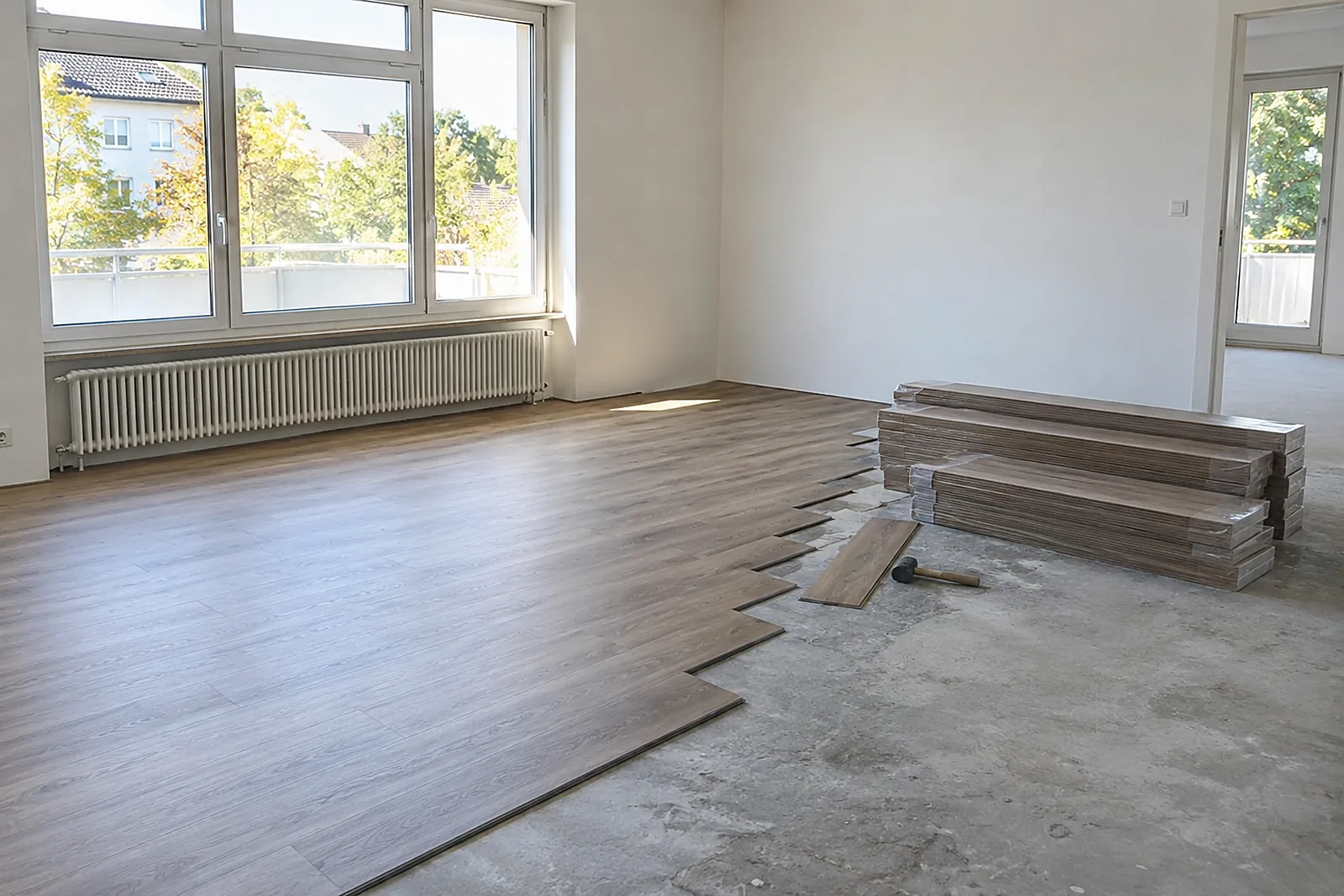 Bodenleger Heerdt: leere Mietwohnung mit halb verlegtem Vinylboden in Holzoptik