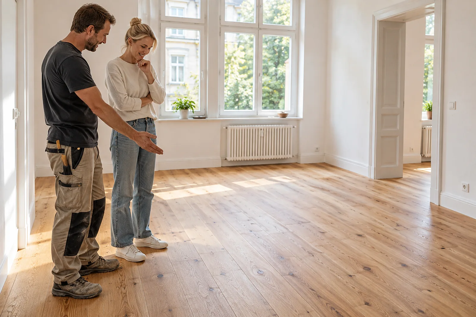 Handwerker und Kundin betrachten einen frisch verlegten Holzboden in Düsseldorf