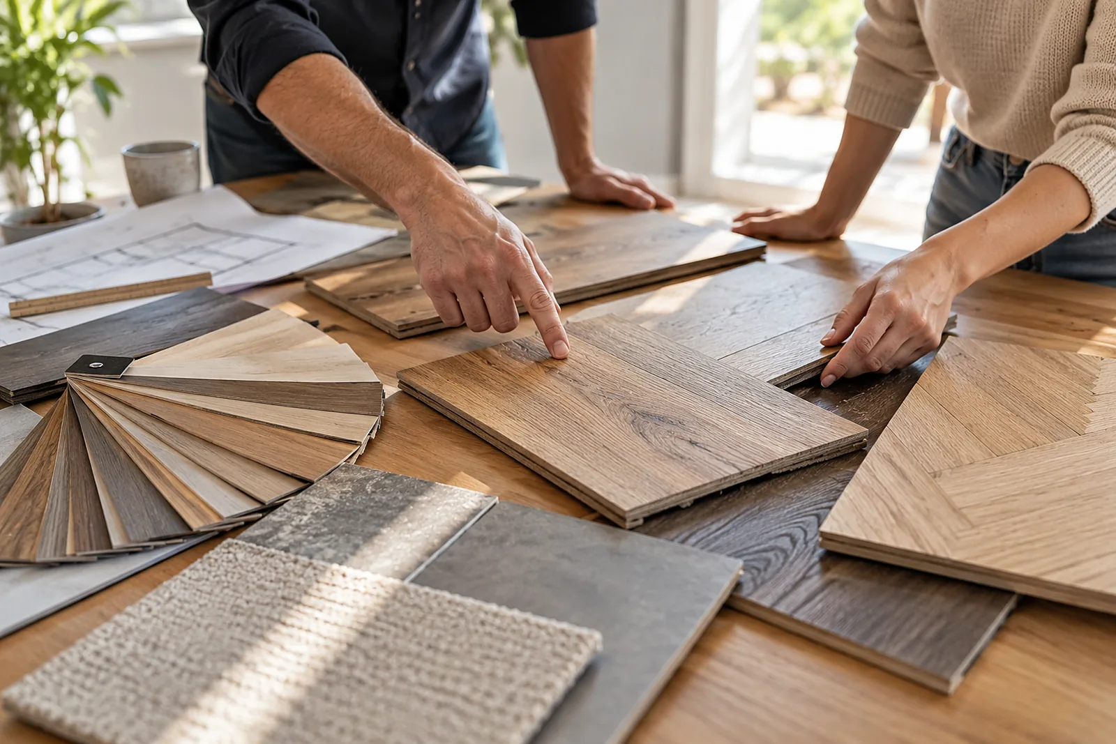 Vinyl oder Laminat: Musterstücke aus Parkett, Vinyl und Laminat auf dem Tisch