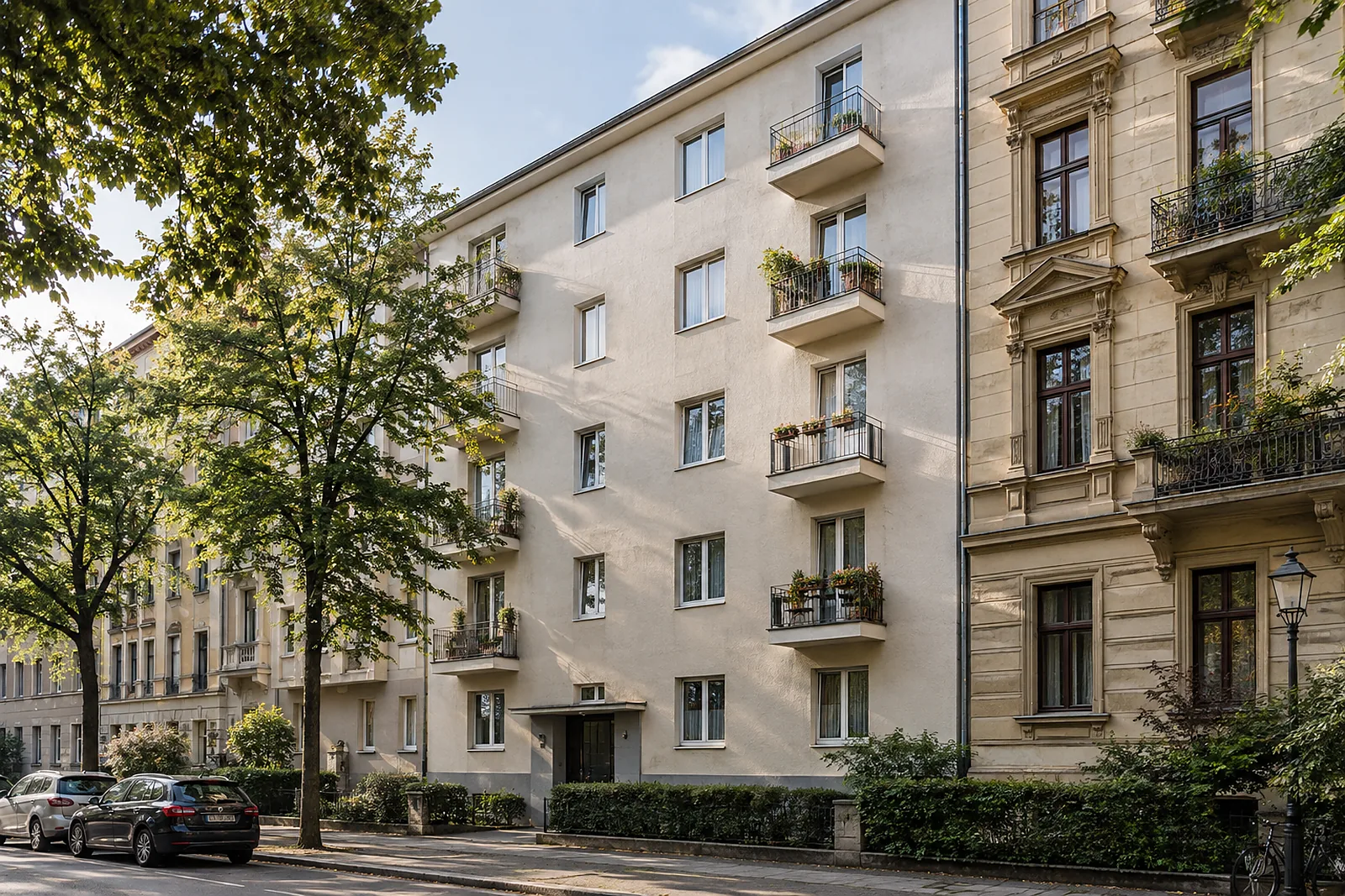 Trittschall in der Eigentumswohnung: Mehrfamilienhaus der 1950er-Jahre mit heller Putzfassade neben einem Altbau