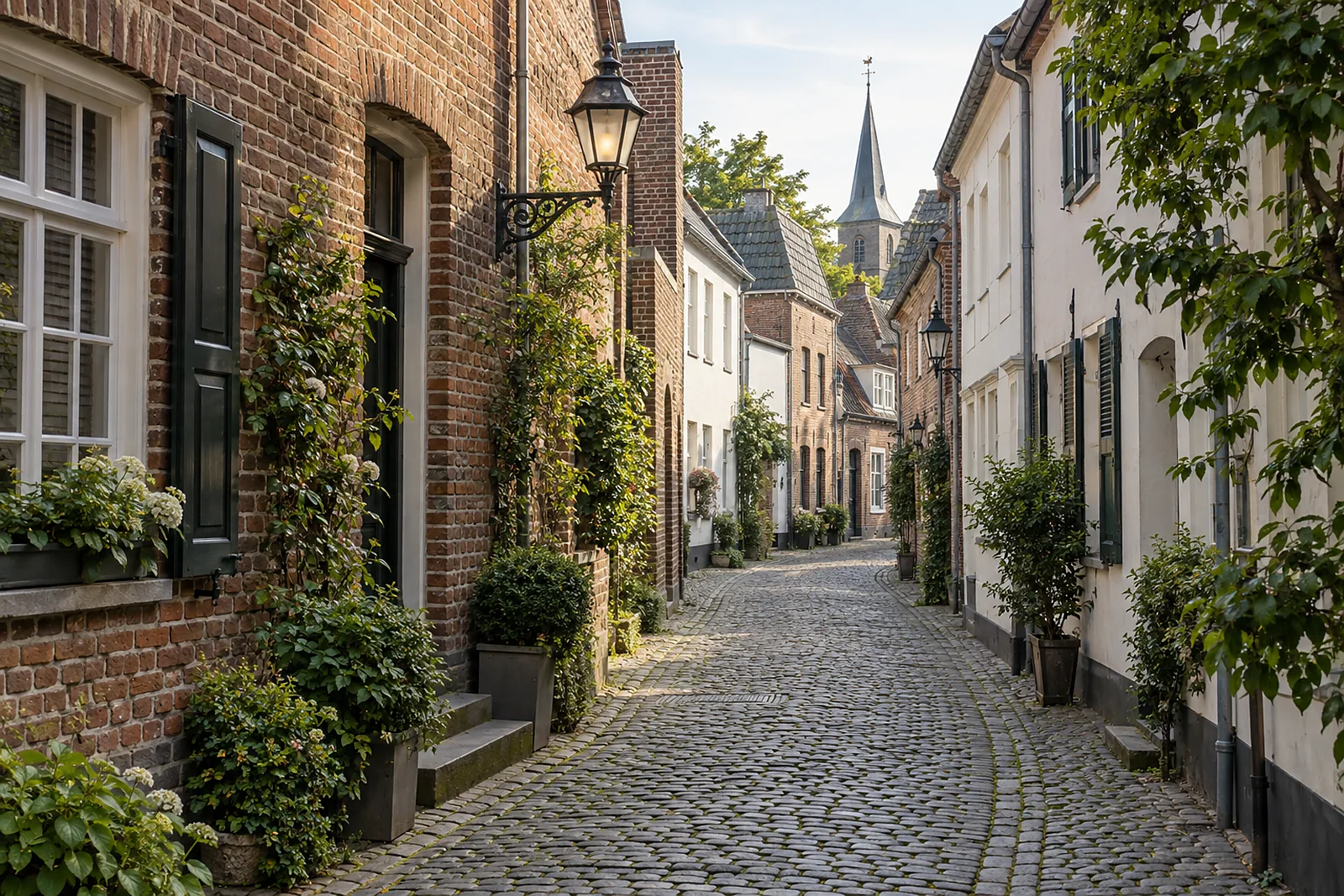 Bodenleger Haan: historische Gasse mit Backstein- und Putzhäusern und Kopfsteinpflaster
