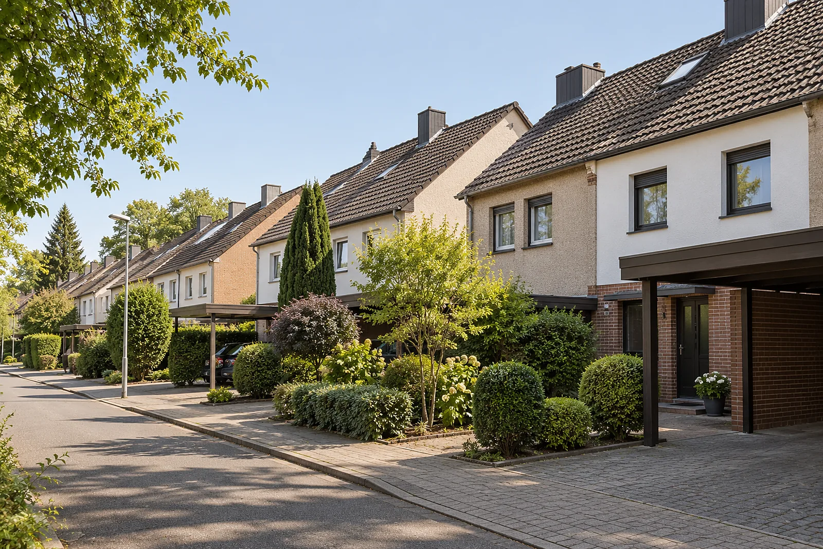 Bodenleger Urdenbach: Reihenhauszeile der 1970er-Jahre mit Vorgärten und Carports