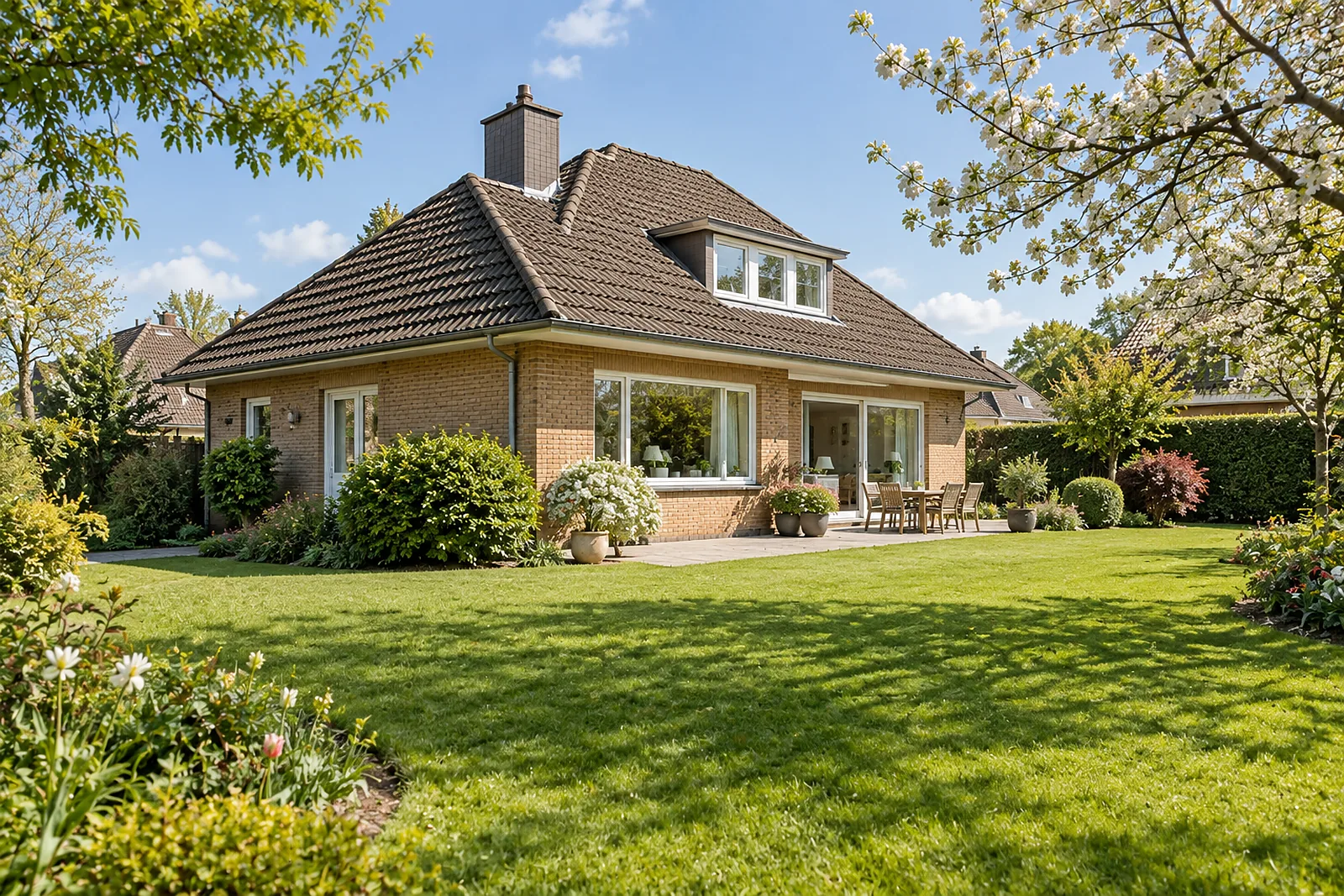 Bodenleger Wersten: Einfamilienhaus der 1960er-Jahre mit Walmdach, Klinker und Garten