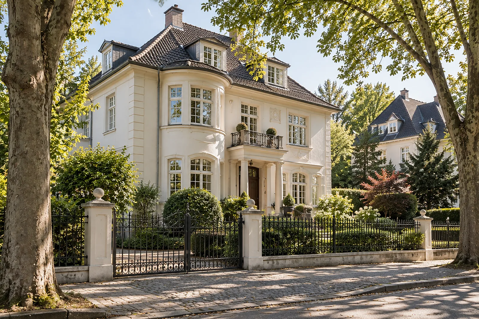 Bodenleger Grafenberg: Villa um 1910 mit Walmdach und altem Baumbestand