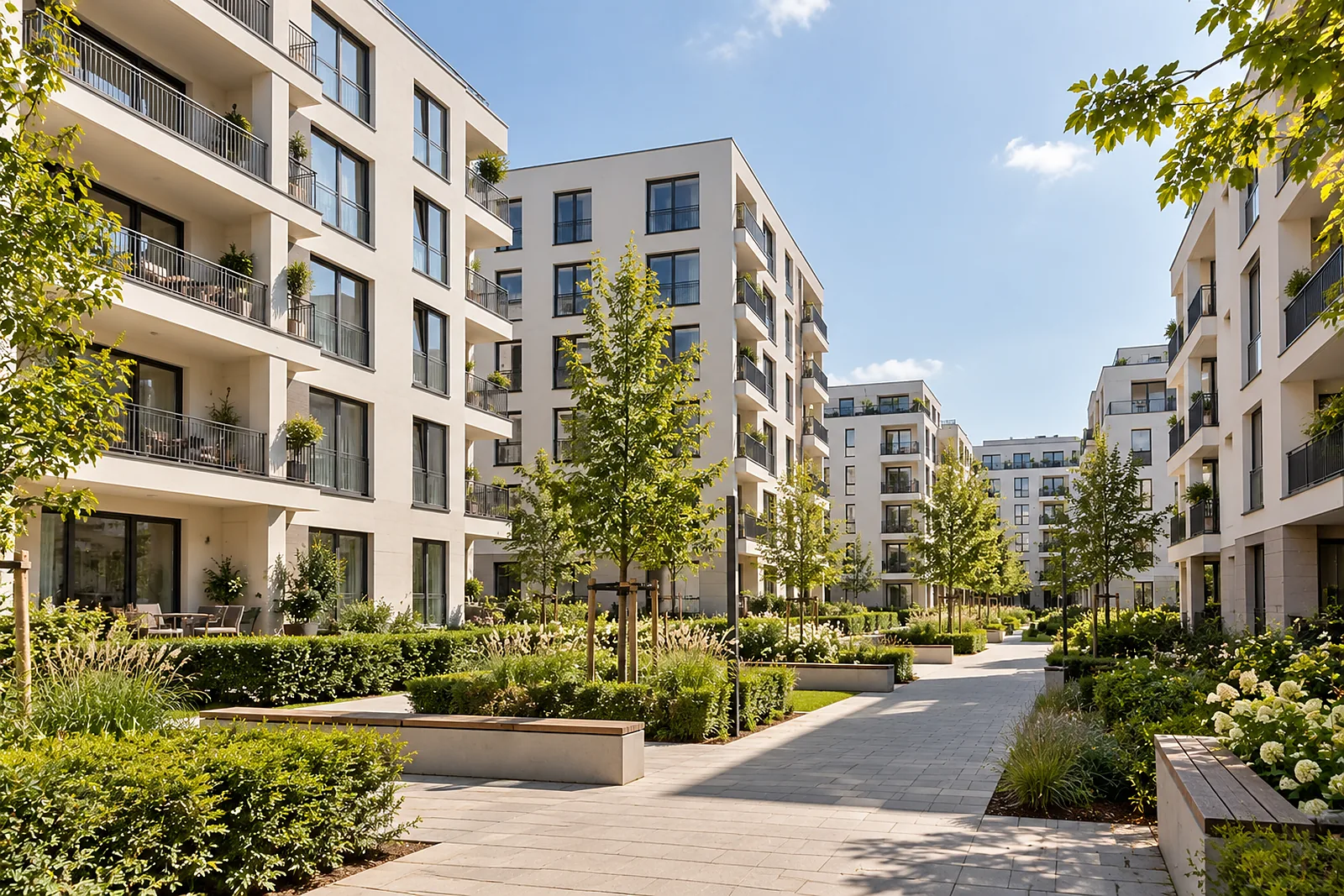 Bodenleger Heerdt: neues Stadtquartier mit hellen Wohnhäusern und Balkonen